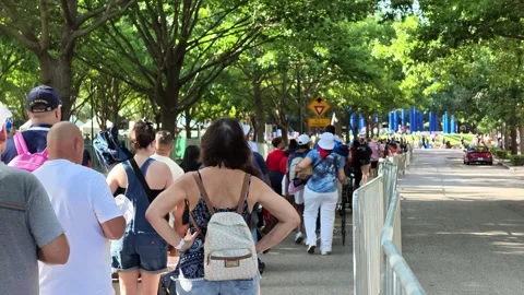Crowd of spectators walking along a tree-lined street during a parade 스톡 동영상 340941111