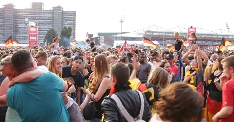 Crowd Spectators Waving Hands Applauding Happy Embrace Hamburg Football Stadium Video stock 43808410