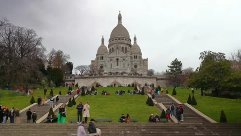Crowd on the stairs of a landmark in paris on a cloudy day, 4k timelapse Stock Footage 236540451