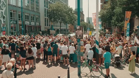 Crowd Standing Outside City Building During Summer Festival Description Stock Footage 344204985