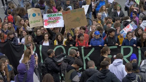 Crowd of student at friday for future yelling slogan 29/11/2019 rome Stock Footage 121445950