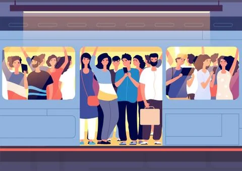 Crowd in subway train. People pushing each other in metro car at station at rush Stock Illustration