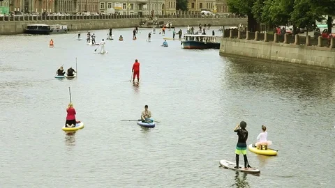 Crowd Surfing Down the River. Surfer Costume Celebration Event. Saint Petersburg 스톡 동영상 79206922