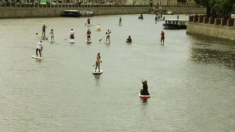 Crowd Surfing Down the River. Surfer Costume Celebration Event. Saint Petersburg Stock Footage 79208199