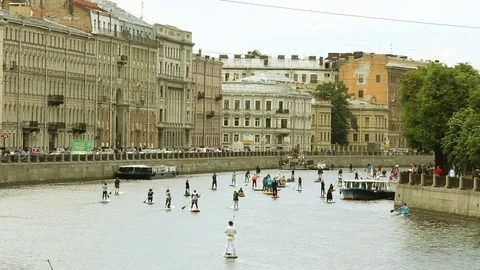 Crowd Surfing Down the River. Surfer Costume Celebration Event. Saint Petersburg Stock Footage 79208274