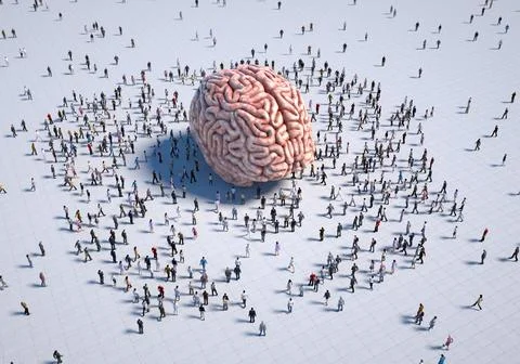 Crowd surrounding a large human brain sculpture outdoors Stock Illustration