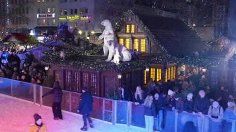 Crowd Surrounds Elaborately Decorated Chalet Featuring Dragon Sculpture And Stockbeeldmateriaal 328044277