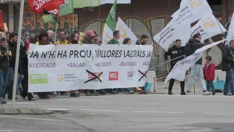 Crowd of Teachers and Students Marching in Girona Stock Footage 331100618