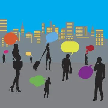 Crowd with thought bubbles in front of cityscape Stock Illustration