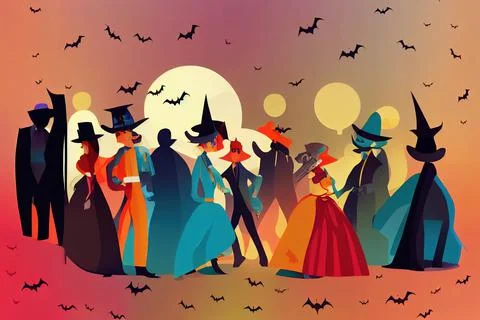 Crowd of tiny people dressed in various Halloween costumes Stock Illustration