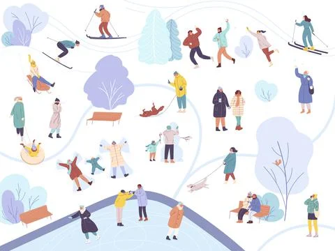 Crowd of tiny people outdoor activities in winter Ilustración de archivo