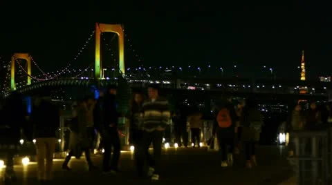 Crowd on Tokyo Tower and Rainbow Bridge - Odaiba - HD Stock Footage 16940063