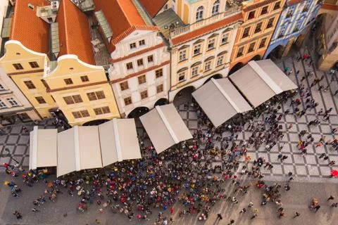 Crowd of Tourists in Prague Old Town Square 스톡 사진