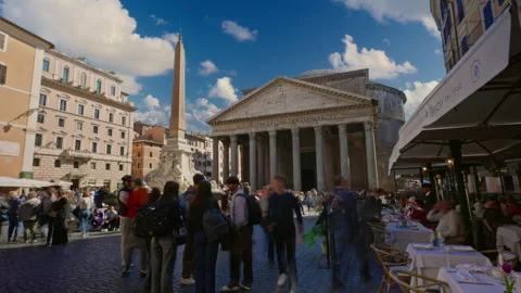 Crowd of tourists on a sunny day in front of the facade of the famous Pantheon Stock Footage 309901887