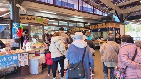 Crowd of tourists waits in line at a bustling Japanese market stall. Video stock 346011896