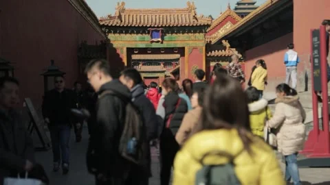 Crowd of Tourists Walking Through Palace Gate at Forbidden City in Beijing Stock Footage 345820122