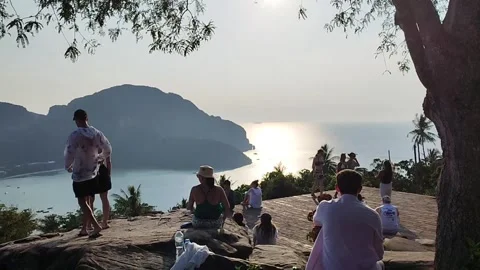 Crowd of Tourists Watching Sunset at Phi Phi Island Viewpoint Thailand Stock Footage 343205266