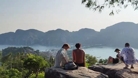 Crowd of Tourists Watching Sunset at Phi Phi Island Viewpoint Thailand Stock Footage 343205268