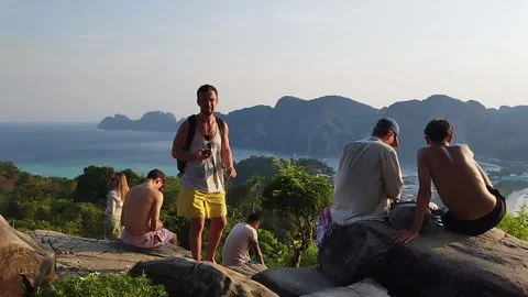 Crowd of Tourists Watching Sunset at Phi Phi Island Viewpoint Thailand Stock Footage 343205323
