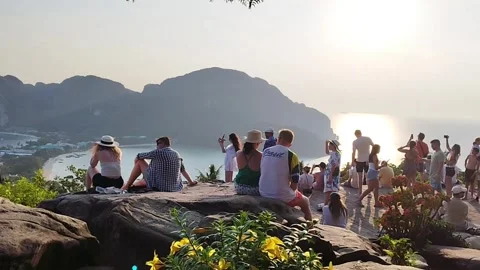 Crowd of Tourists Watching Sunset at Phi Phi Island Viewpoint Thailand Stock Footage 343205325