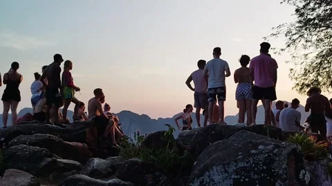 Crowd of Tourists Watching Sunset at Phi Phi Island Viewpoint Thailand Stock Footage 343205339