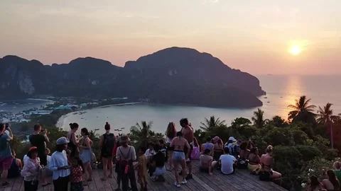 Crowd of Tourists Watching Sunset at Phi Phi Island Viewpoint Thailand Stock Footage 343205375