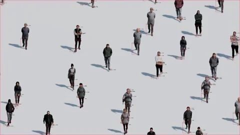 A crowd tracking system using red frames and markers. Shape recognition. Stock Footage 313652171