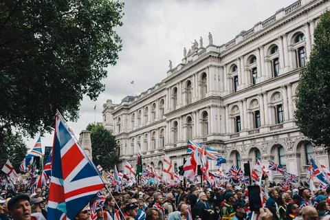 Crowd with Union Jack Flags at Free Speech Protest in London Stock Photos