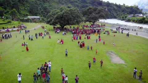Crowd on the village in a cultural program in Nepal Stock Footage 156010830