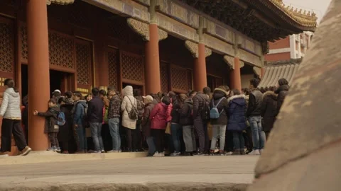 Crowd of Visitors Lining Up at Temple Entrance in Beijing, China Stock Footage 345685920