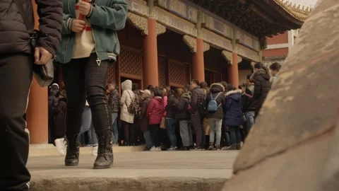 Crowd of Visitors Queuing at Lama Temple Entrance in Beijing, China Stock Footage 345685768