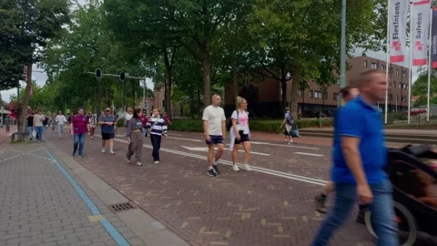 Crowd walking along street during Airborne commemorative march in Oosterbeek Stock Footage 346006606