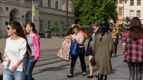 Crowd Walking on Cobblestone Square. Stock Footage 75388467
