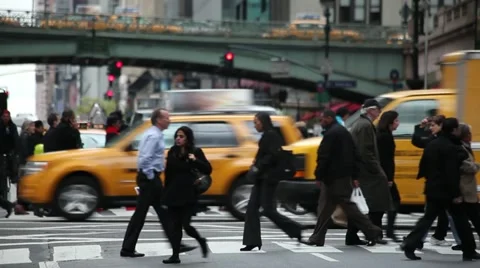Crowd Walking crossing street New York City NY NYC 24P Stock Footage
