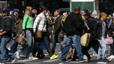 Crowd Walking crossing street urban New York City slow motion 24P Stock Footage