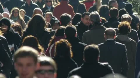 Crowd Walking people side walk street NY City backlight commuter Stock Footage 10797338