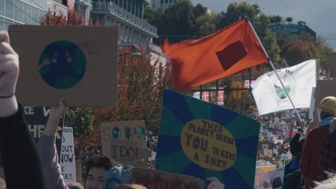 Crowd walking with protest signs for climate action. Vancouver, Sept 2019. Video stock 117966922