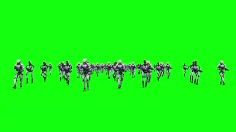 A crowd of walking robots with weapons. green screen. Stock Footage 304690546