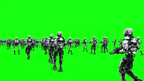 A crowd of walking robots with weapons. green screen. Stock Footage 304690655