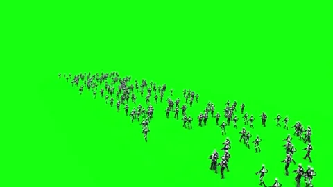 A crowd of walking robots with weapons. green screen. Video stock 304690826