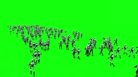 A crowd of walking robots with weapons. green screen. Vidéo 304690842