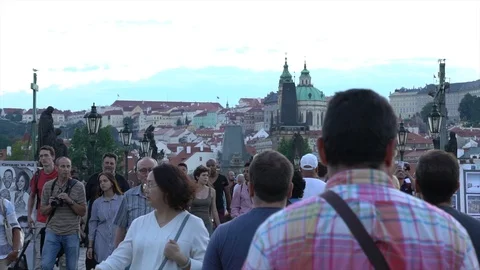 Crowd Walking In Slow Motion Outside Of Prague Stock Footage 97488874
