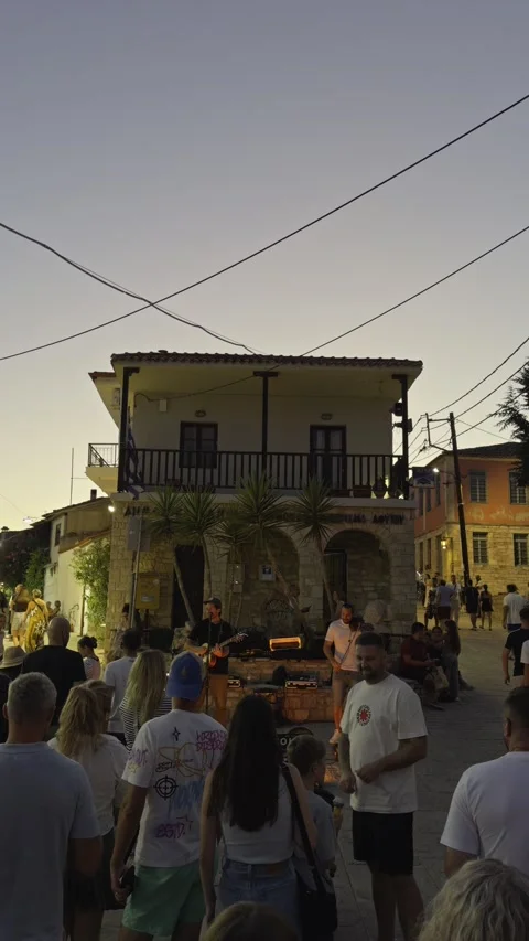 Crowd Walking Toward Street Performance At Evening Festival In Chalkidiki Afytos Stock Footage 345243213