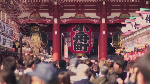 Crowd walking towards the lantern of Kobunacho in the Sensoji temple of Asakusa. Stock Footage 130199536