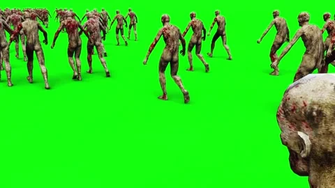 A crowd of walking zombies. green screen. Apocalyptic concept Stockbeeldmateriaal 304689836