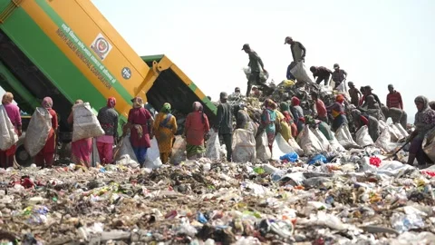Crowd Of Waste Pickers Following Garbage Truck At Delhi Landfill Site Stock Footage 248056218