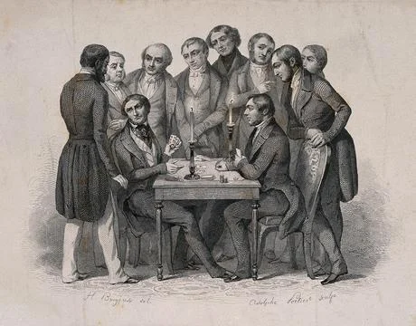 A crowd watches as two men gamble; representing the phrenological faculty o.. Ilustración de archivo