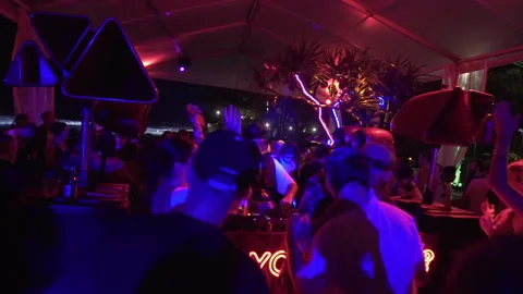 Crowd Watching DJ Performance at Luxury Beach Club in Bali Stock Footage 337902895