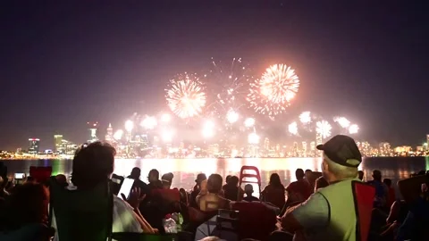 Crowd watching Firework show on Australia Day in Perth Western Australia Stock Footage 154974881