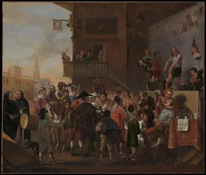 A crowd watching a troupe of quack-doctors on a stage outside an inn. Oil p.. Stock Illustration
